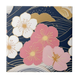 Japanese Waves and Blossoms Ceramic Tile - Piece 3