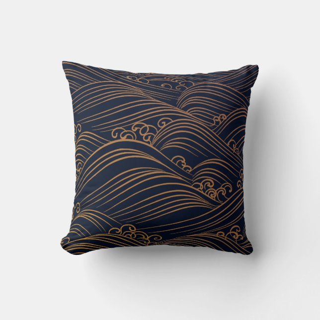 Japanese Waves Pattern Dark Blue and Gold Cushion (Front)