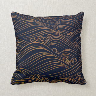 Japanese Waves Pattern Dark Blue and Gold Cushion