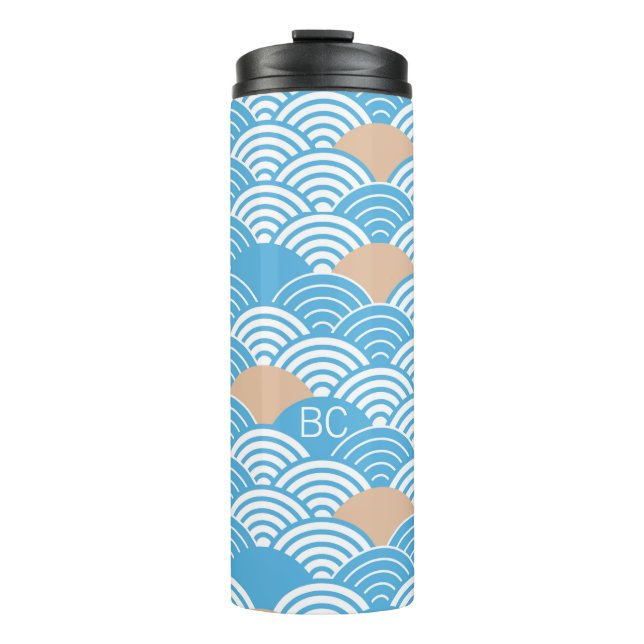 Japanese Waves Pattern Light Blue Beige Monograms Thermal Tumbler (Front)