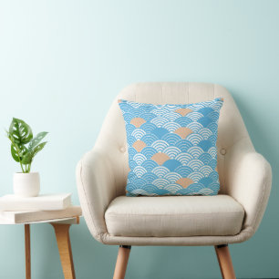 Japanese Waves Pattern Light Blue Beige White  Cushion