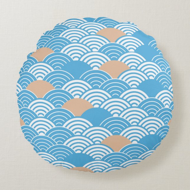 Japanese Waves Pattern Light Blue Beige White  Round Cushion (Front)