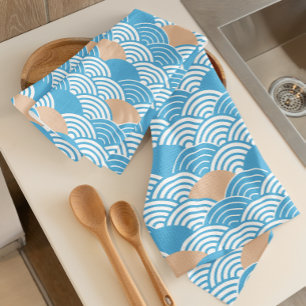Japanese Waves Pattern Light Blue Beige White  Tea Towel