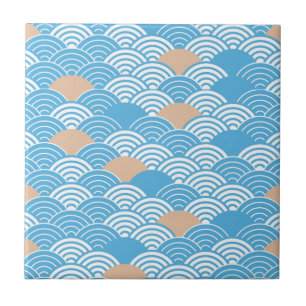Japanese Waves Pattern Light Blue Beige White Tile