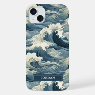 Japanese Waves Pattern Monogrammed iPhone 15 Plus Case