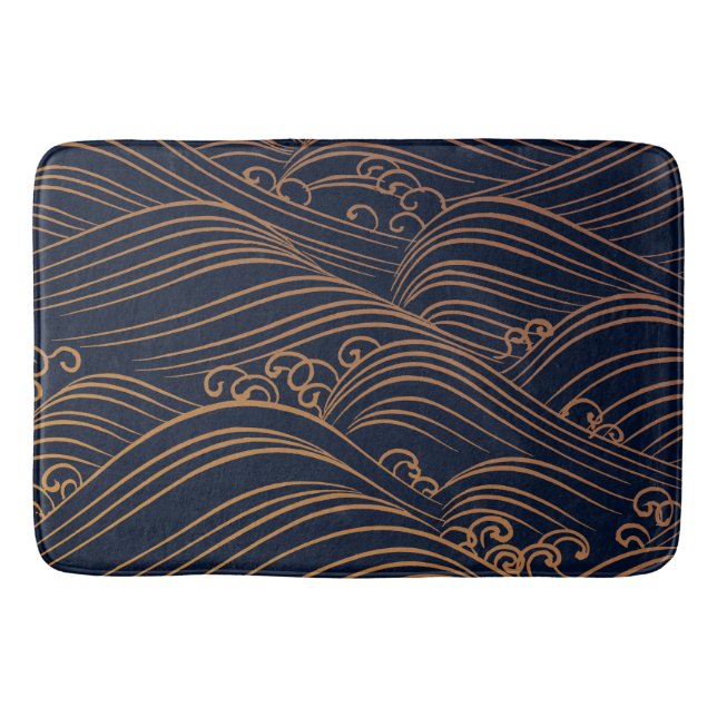 Japanese Waves Pattern Navy Blue and Gold Brown Bath Mat (Front)