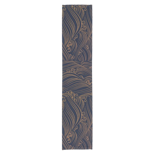 Japanese Waves Pattern Navy Blue and Gold Brown Short Table Runner (Front)