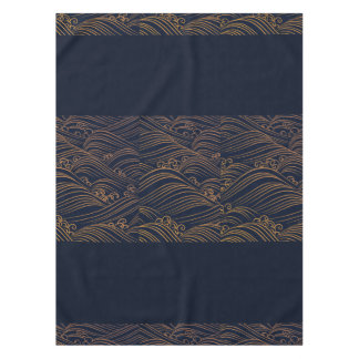Japanese Waves Pattern Navy Blue and Gold Brown Tablecloth