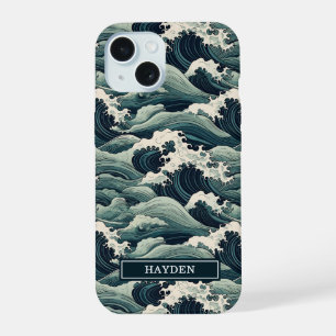 Japanese Waves Print Monogrammed iPhone 15 Case