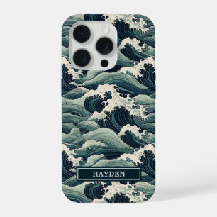 Japanese Waves Print Monogrammed iPhone 15 Pro Case