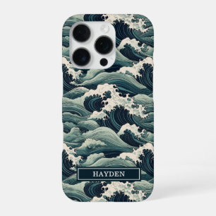 Japanese Waves Print Monogrammed iPhone 16 Pro Case