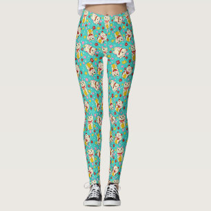 Japanese Waving Maneki Neko Cats Turquoise Blue Leggings