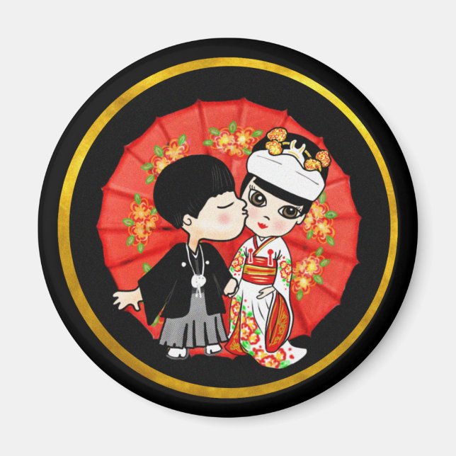 Japanese Wedding Bride Groom - Cute Cartoon Kawaii Magnet (Front)