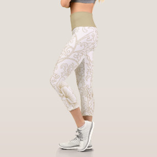Japanese White and Golden Misty Moss Colour Floral Capri Leggings