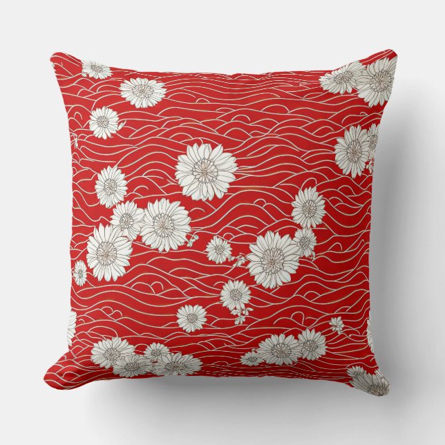 Japanese White Chysanthemums on Red Waves Cushion (Front)