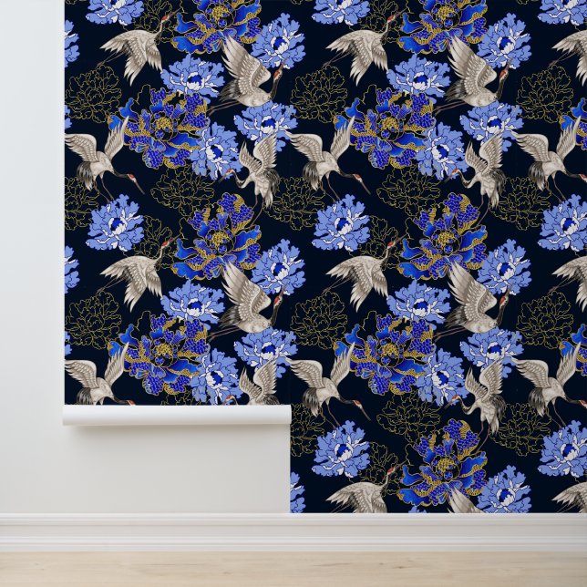 Japanese White Cranes Blue Gold Chrysanthemum Wallpaper (Application)