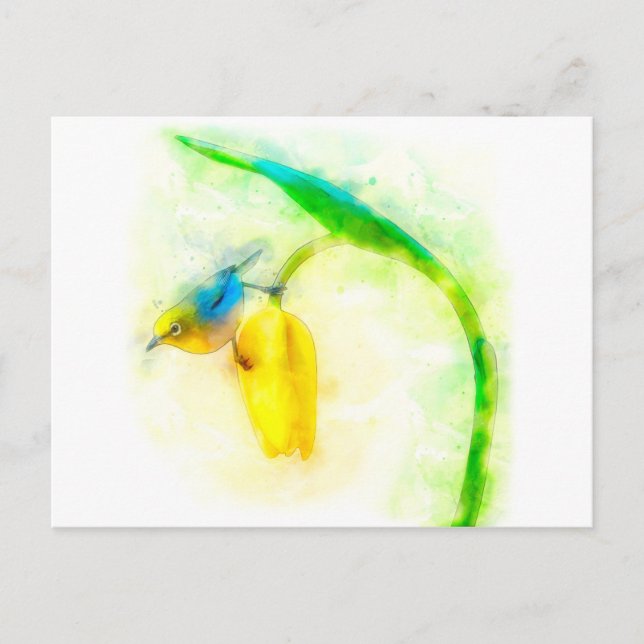 Japanese white eye bird on tulip watercolor postcard (Front)