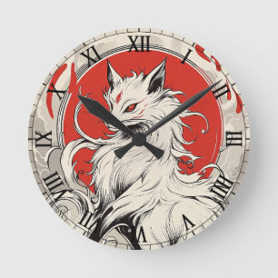 Japanese White Kitsune fox Round Clock