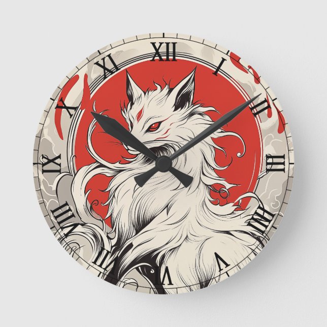 Japanese White Kitsune fox Round Clock (Front)
