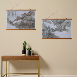 Japanese winter Landscape art: Vintage asian Wood Hanging Tapestry