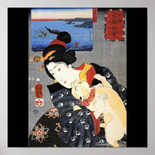 Japanese Woman and a Cat, c. 1800's Japan Poster