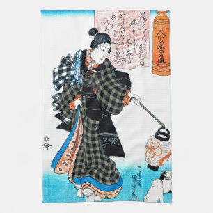 Japanese Woman and Puppies, Kuniyoshi Tea Towel