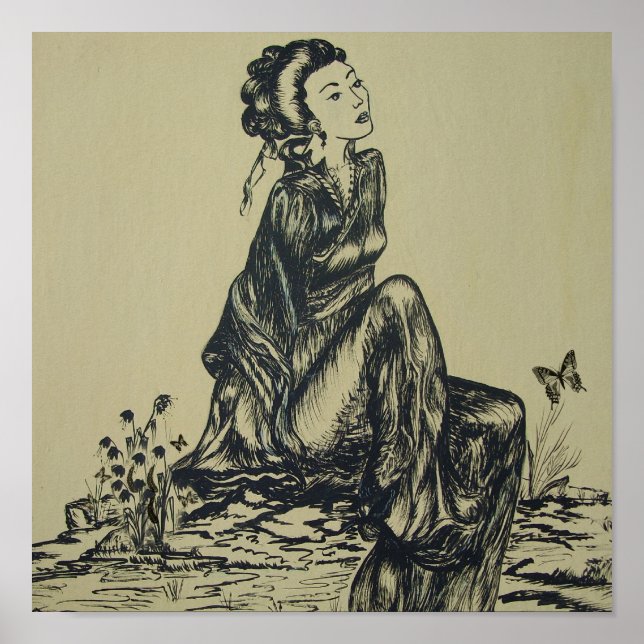 Japanese woman geisha drawing pen and ink poster (Front)