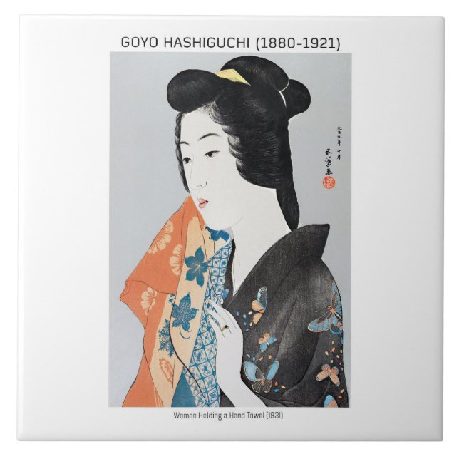 Japanese woman holding her towel - Goyō Hashiguchi Tile (Front)