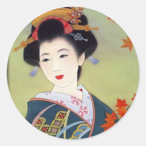 Image of Japanese woman in blue kimono Classic Round Sticker