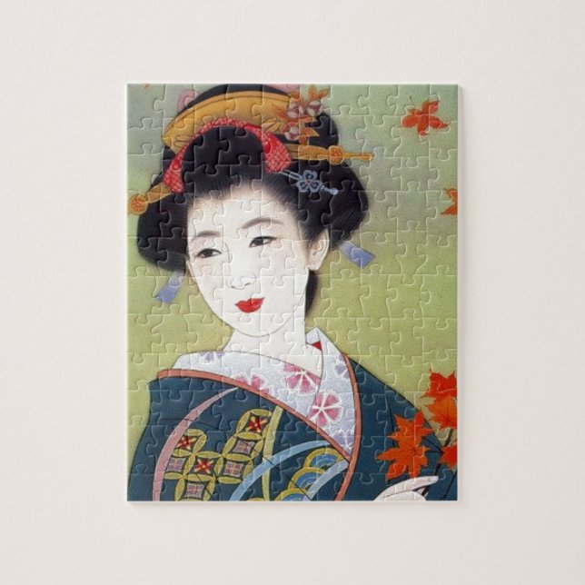 Japanese woman in blue kimono jigsaw puzzle (Vertical)
