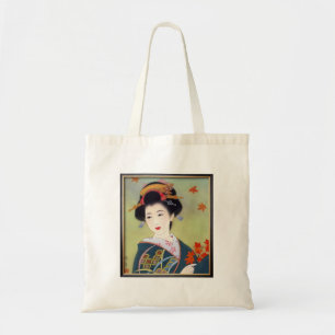 Japanese woman in blue kimono tote bag