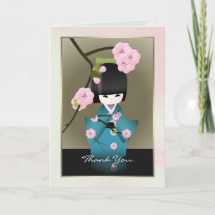 Japanese woman in Kimono and Sakura Thank you Card