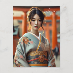 Japanese Woman in Traditional Kimono Torii Postcard