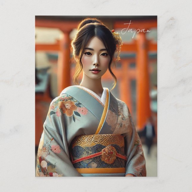 Japanese Woman in Traditional Kimono Torii Postcard (Front)