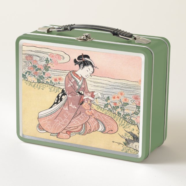 Japanese Woman Picking Chrysanthemum Metal Lunch Box (Front)