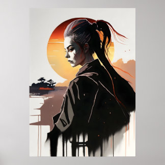 Japanese woman samurai sunset, ai generated art poster