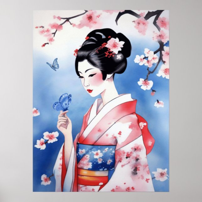 Japanese Woman with a Blue Butterfly Poster (Front)