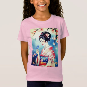 Japanese Woman with a Blue Butterfly T-Shirt