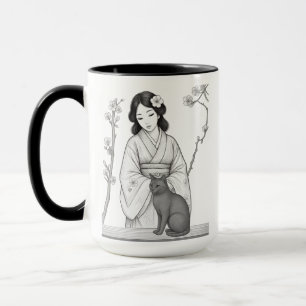 Japanese Woman with Black Cat Mug