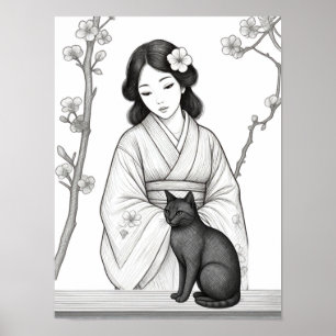Japanese Woman with Black Cat Poster