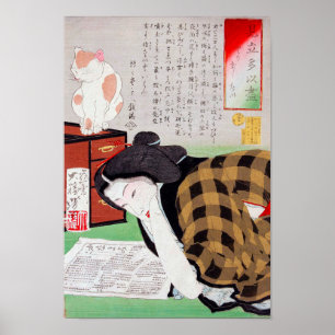 Japanese woman with Cat, Tsukioka Yoshitoshi Poster
