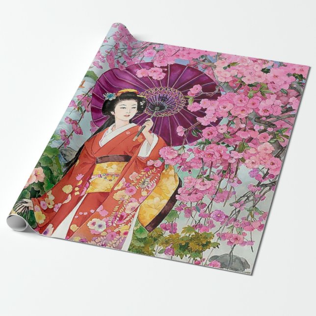 Japanese Women In Kimono -  Shower Curtain Wrapping Paper (Unrolled)