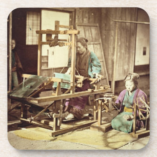 Japanese women weaving, c.1890 (hand-coloured phot coaster
