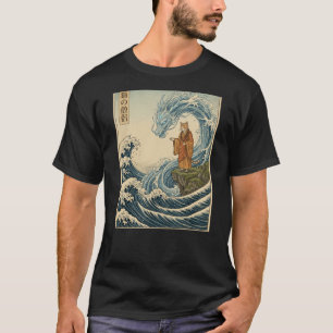 Japanese Woodblock Art Cat Monk Taming Water Drago T-Shirt