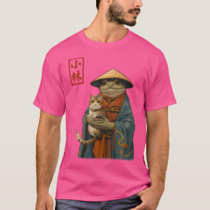 Japanese Woodblock Art Frog Is Holding A Cat In A T-Shirt