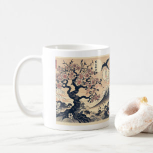 Japanese Woodblock Cherry Blossom Crane Mount Fuji Coffee Mug