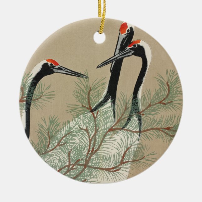 Japanese woodblock-print Cranes - Kamisaka Sekka Ceramic Tree Decoration (Front)