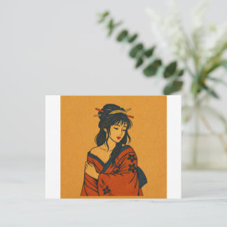 Japanese Woodblock Style Woman in Kimono – Elegant Postcard