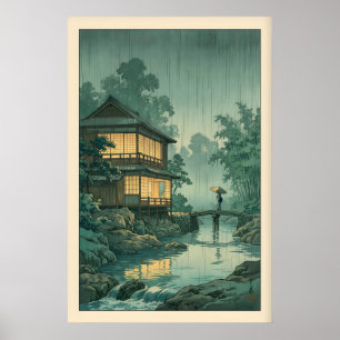 Japanese Woodblock Wall Art - Rainy Riverside with