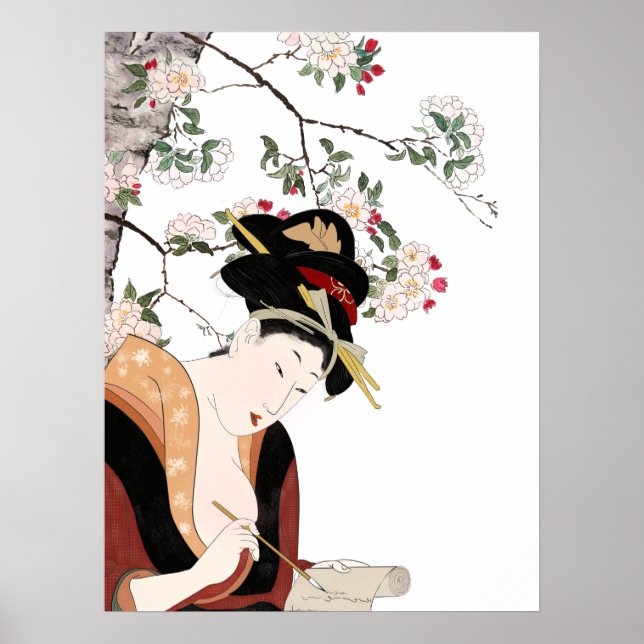 Japanese woodblock woman portrait woman writing  poster (Front)